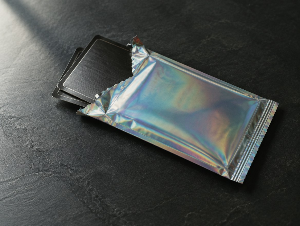 A torn-open holographic foil pack on a slate table, two dark metal cards slid out of it.